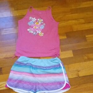 Pink Floral Tank Top with Multicolor Striped Shorts Set, girl large
